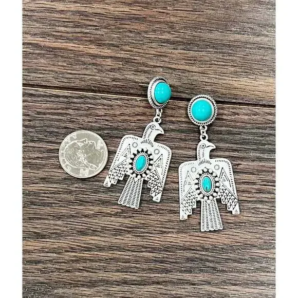 Thunderbird Turquoise 2.5 Inch Long Post Earrings in Antique Silver Finish - Picture 5 of 8